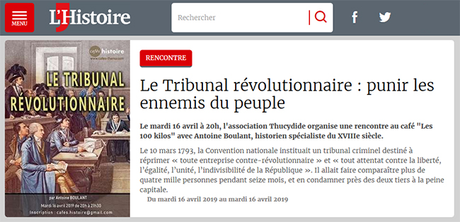 Le Tribunal révolutionnaire - Café Histoire annoncé sur le site du magazine L'Histoire